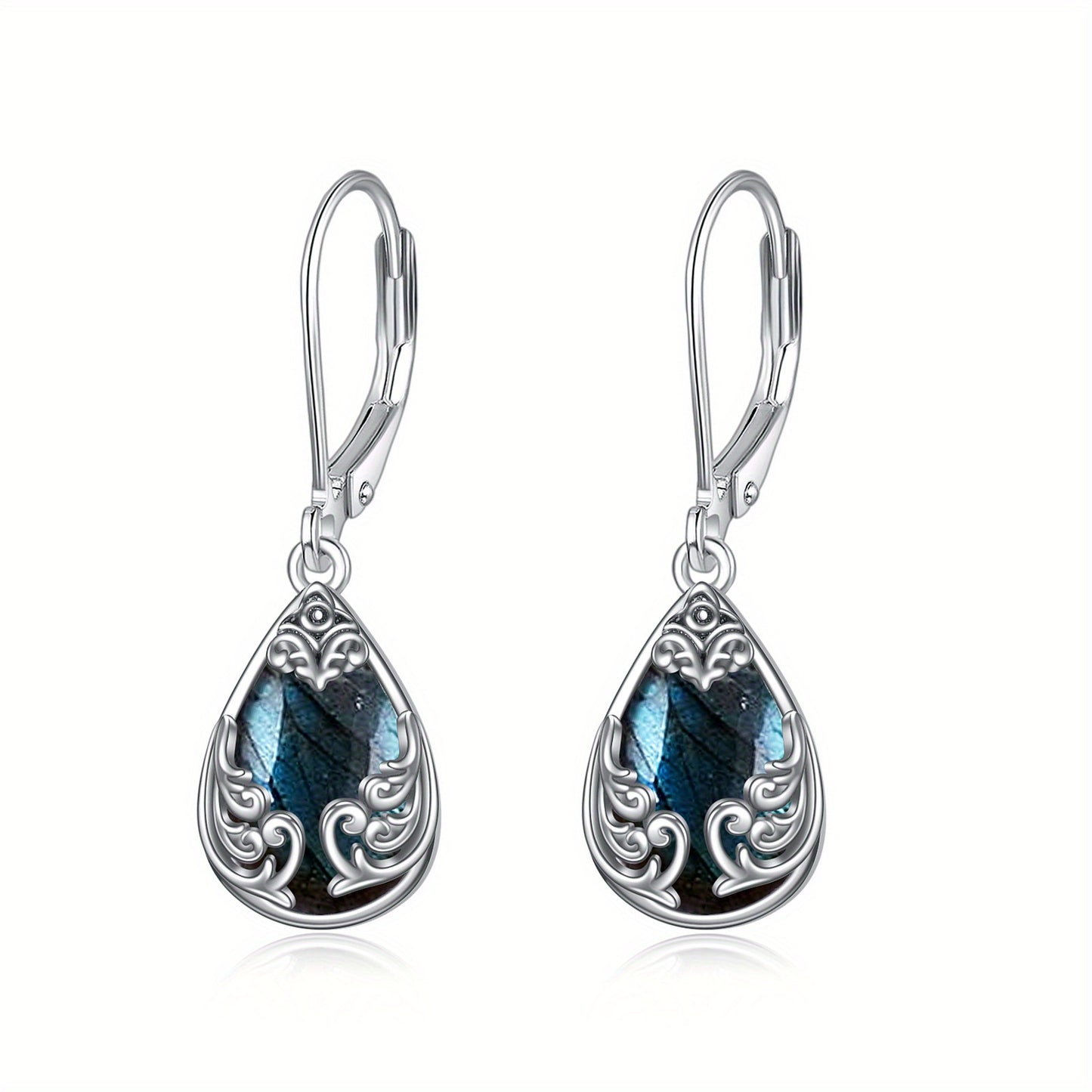 Labradorite Filigree Teardrop Drop Dangle Earrings Sterling Silvery Leverback Earrings Jewelry