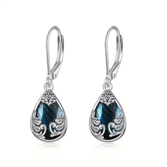 Labradorite Filigree Teardrop Drop Dangle Earrings Sterling Silvery Leverback Earrings Jewelry