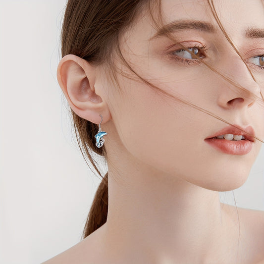 925 Pure Silvery Artificial Crystal Dolphin Pendant Earrings