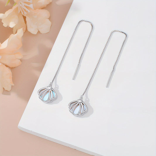 Sea Shell with Moonstone Threader Earrings 925 Sterling Silver Moonstone with Shell Long Chain Earrings for Women Gifts