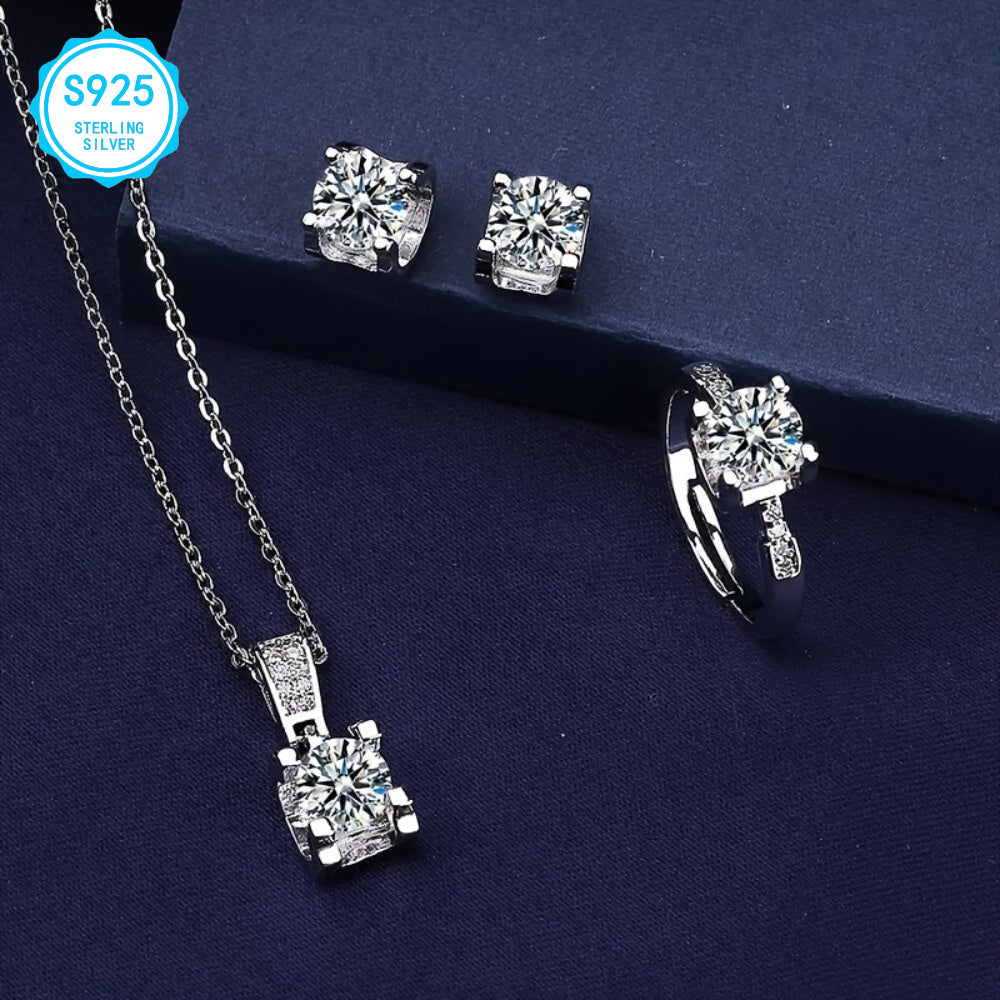 925 Sterling Silver Moissanite Jewelry Set, Easter Gifts for Women, Luxury Necklace Earrings Ring Set, Hypoallergenic Nickel Free, Party Wedding Jewelry | Elegant Gifts for Mom Wife Her
