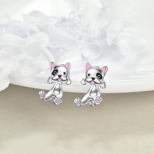 925 Sterling Silvery French Bulldog Dangle Earrings - Dual Layered Design, Synthetic Stone, Platinum Plated, All-Season Versatile Jewelry for Daily Wear & Gifting, Cute Earrings
