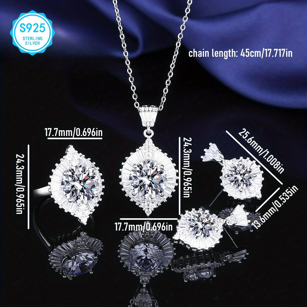 925 Silver 14CT Mosandi Jewelry Set, 5CT Ring, 5CT Pendant Necklace, 4Ct Water Drop Earrings, Mosandi Earrings Pendant Necklace Open Ring Wedding Anniversary Birthday Proposal Gift for Bridesmaids Wife Girlfriend Friends