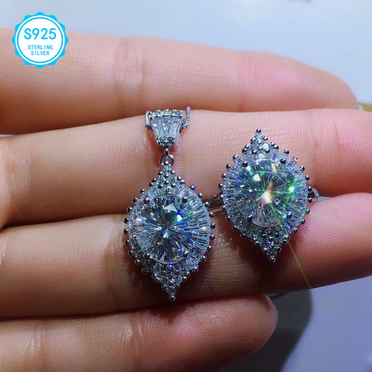 925 Silver 14CT Mosandi Jewelry Set, 5CT Ring, 5CT Pendant Necklace, 4Ct Water Drop Earrings, Mosandi Earrings Pendant Necklace Open Ring Wedding Anniversary Birthday Proposal Gift for Bridesmaids Wife Girlfriend Friends