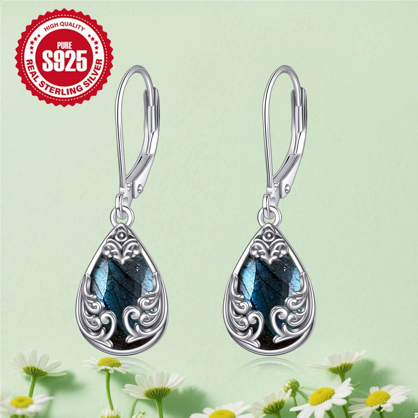 Labradorite Filigree Teardrop Drop Dangle Earrings Sterling Silvery Leverback Earrings Jewelry