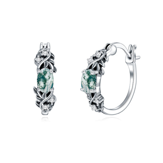 Vintage Leaf Moss Agate Hoop Earrings 925 Sterling Silver Oval Green Moss Agate with Retro Leaf Hoop Earrings for Women Gifts